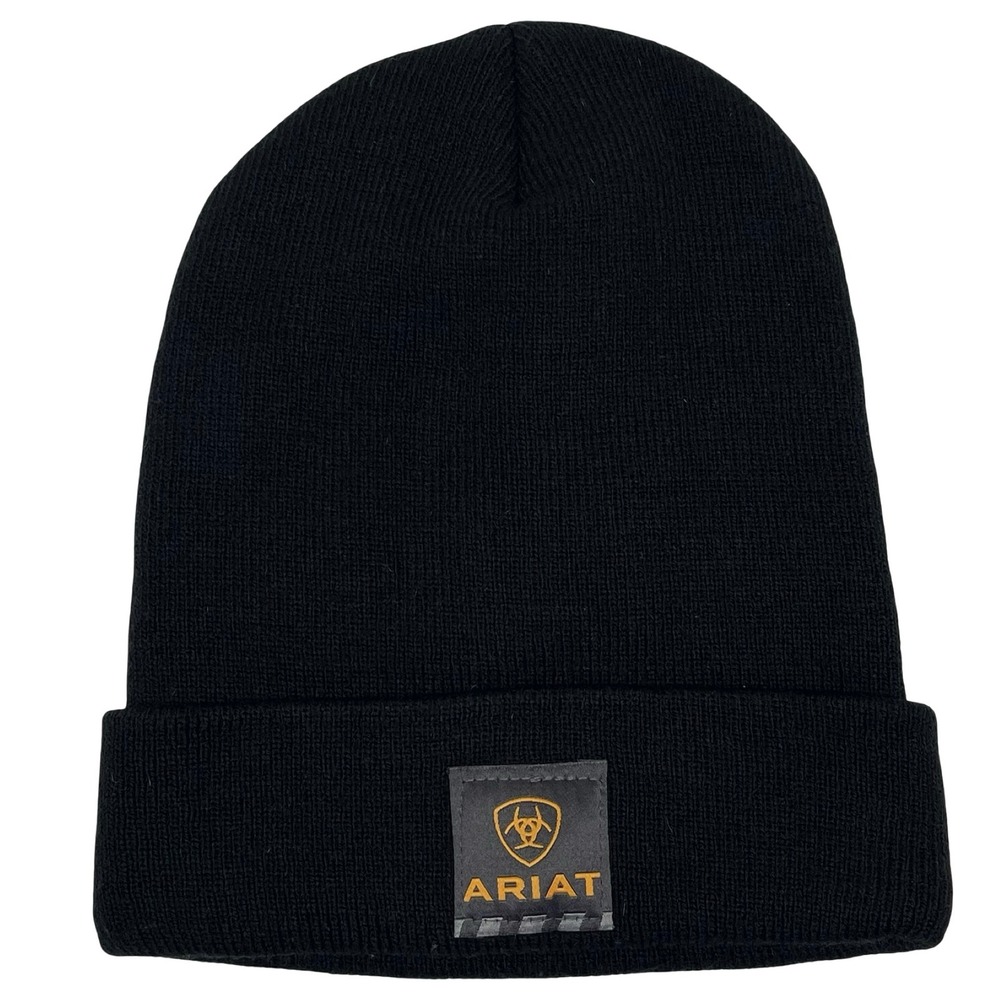 Ariat Rebar Watch Cap Beanie Hat Mens Black Knit Cuffed Logo Patch Made in USA